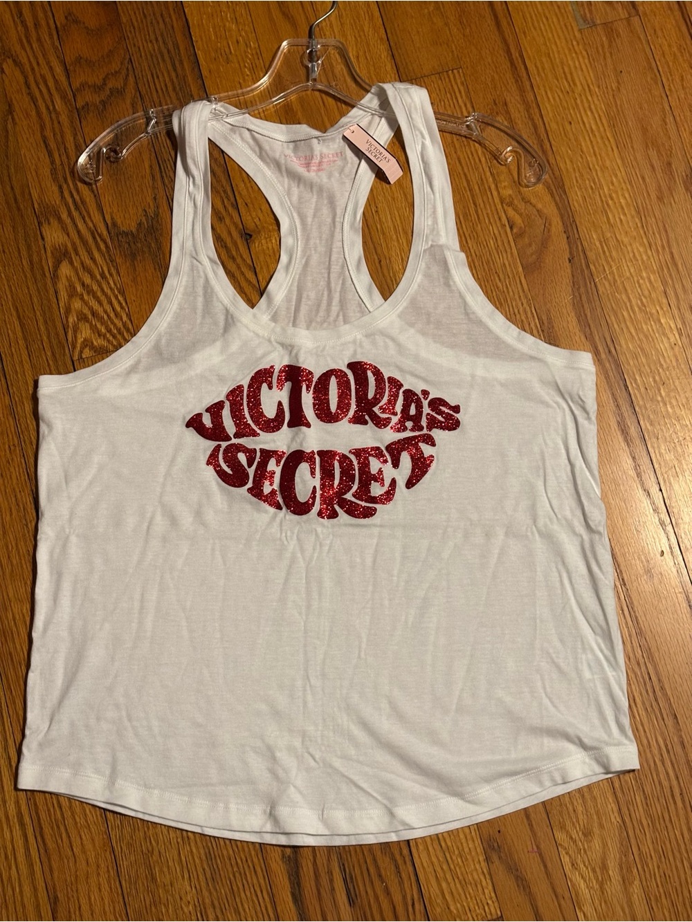Victoria's Secret White Racerback Tank with Red Glitter Logo